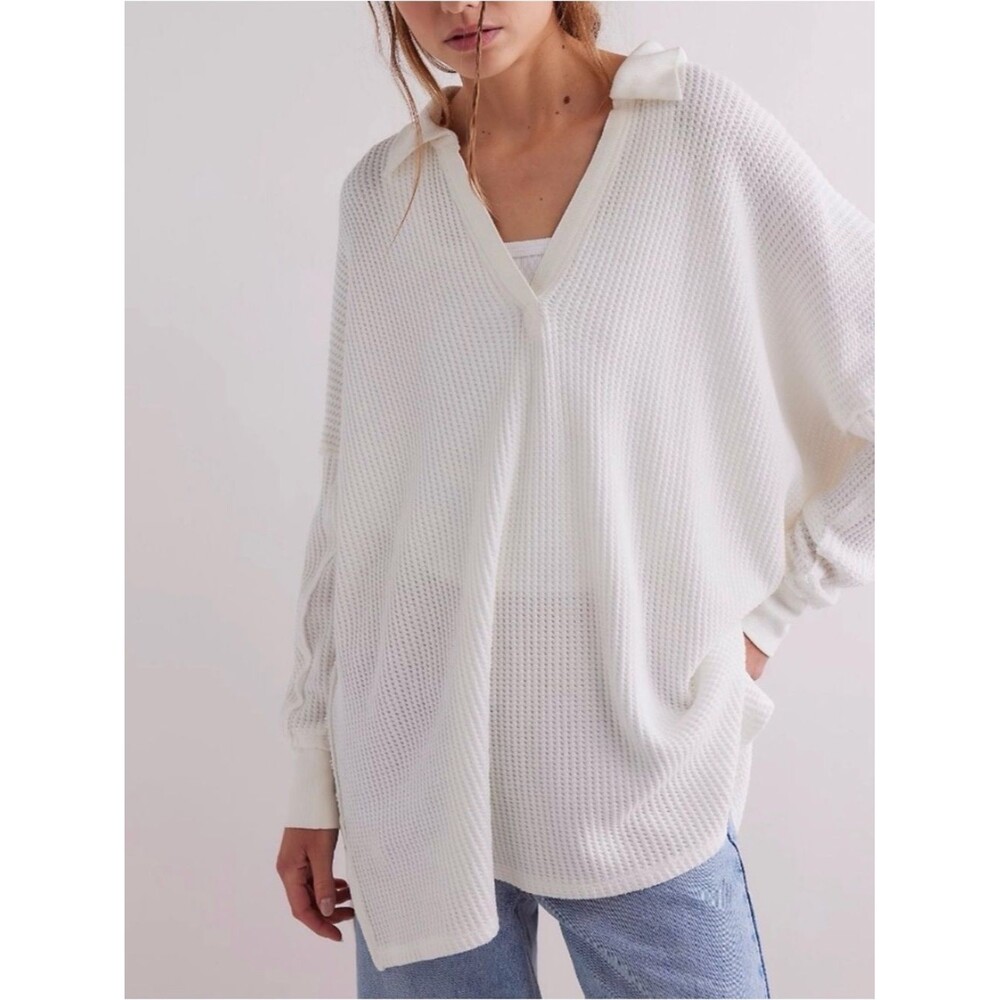 Free People We The Free Travis Polo Waffle Knit Top Sz M Ivory/ White oversized